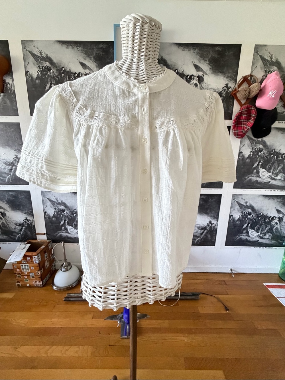 PAIGE White Button-Front Lace Yoke Top